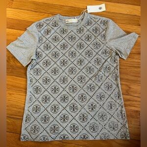 Tory Burch All Over Hot Fix Bedazzled Logo Tee In Silver Gray Melange Size: XS